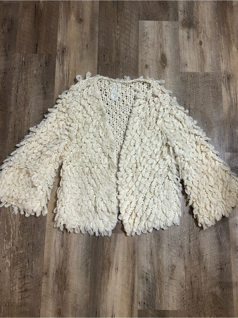 Boho Textured Cream Loop Teddy- Open Front Women's Sweater